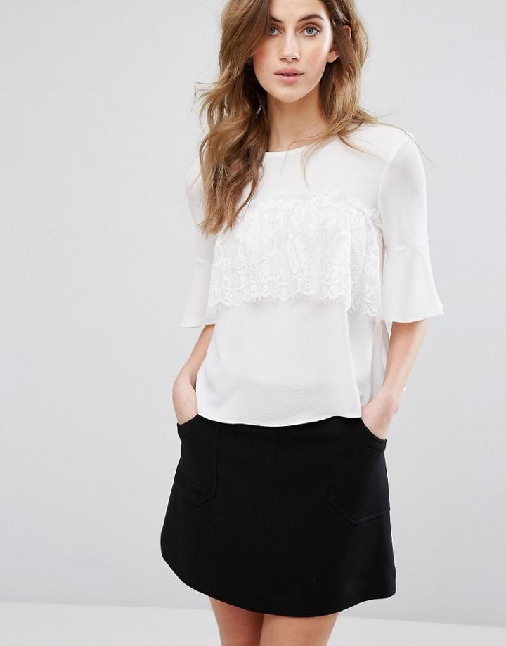 Miss Selfridge Lace Ruffle Front Tee - White