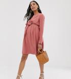 Asos Design Maternity Nursing Mini Wrap Dress With Long Sleeves - Pink