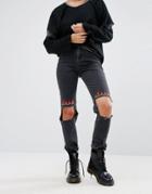 The Ragged Priest High Waisted Mom Jeans With Ripped Knee And Flame Em
