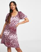 Whistles Exclusive Ruched Sleeve Printed Mini Jersey Dress In Pink