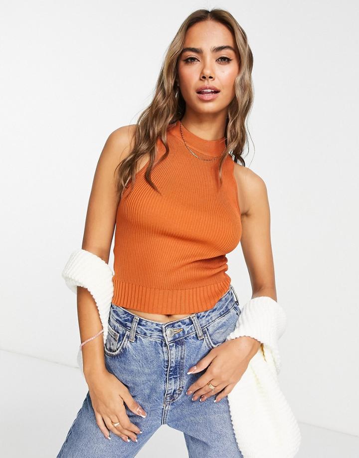 Asos Design Knitted Racer Tank Top With Rib Hem Detail In Brown
