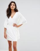 Club L V Neck Bodycon Scuba Dress With Oversize Frill Detailed Sleeves - Cream