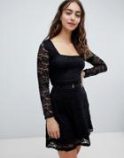 Qed London Long Sleeve Lace Skater Dress - Blue