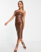 Missyempire Leather Look Bandeau Midi Dress In Chocolate-brown