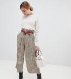 River Island Petite High Waist Wide Leg Cropped Pants In Check - Brown
