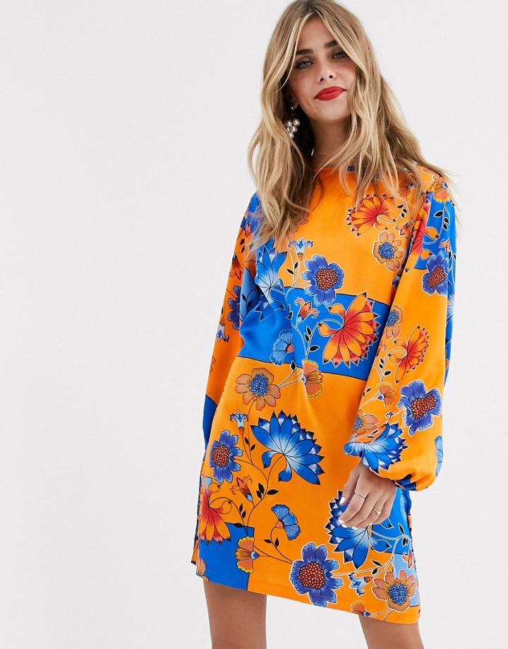 Liquorish Kimono Mini Dress In Blue And Orange Print