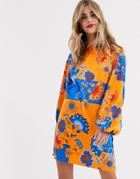 Liquorish Kimono Mini Dress In Blue And Orange Print