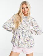 Pieces Polyester Oversized Collar Smock Blouse In White Floral - Multi