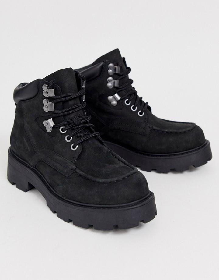 Vagabond Cosmo Black Leather Lace Up Flat Hiker Boots