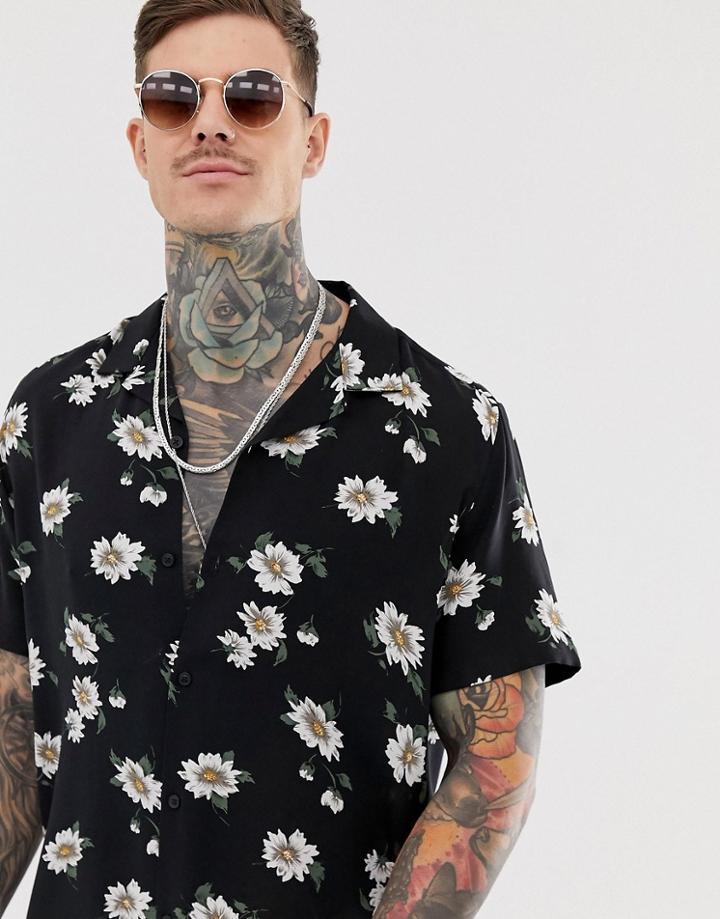 Asos Design Regular Fit Floral Shirt With Revere - Black