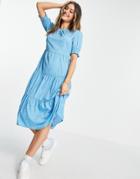 Influence Tiered Hem Midi Dress In Blue Polka Dot-blues