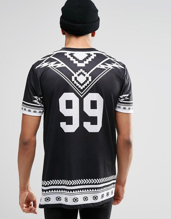 Asos Longline T-shirt With Monochrome Geo-tribal And Number Back Print In Black - Black
