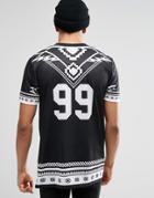 Asos Longline T-shirt With Monochrome Geo-tribal And Number Back Print In Black - Black