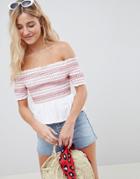 Asos Design Off Shoulder Top With Shirring And Contrast Stitch - White