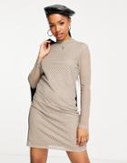 Pieces Fenola Long Sleeve Mesh Body-conscious Mini Dress In Beige Check-multi