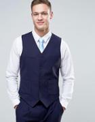 Asos Wedding Slim Suit Vest In Navy Crosshatch Texture With Floral Lining - Navy
