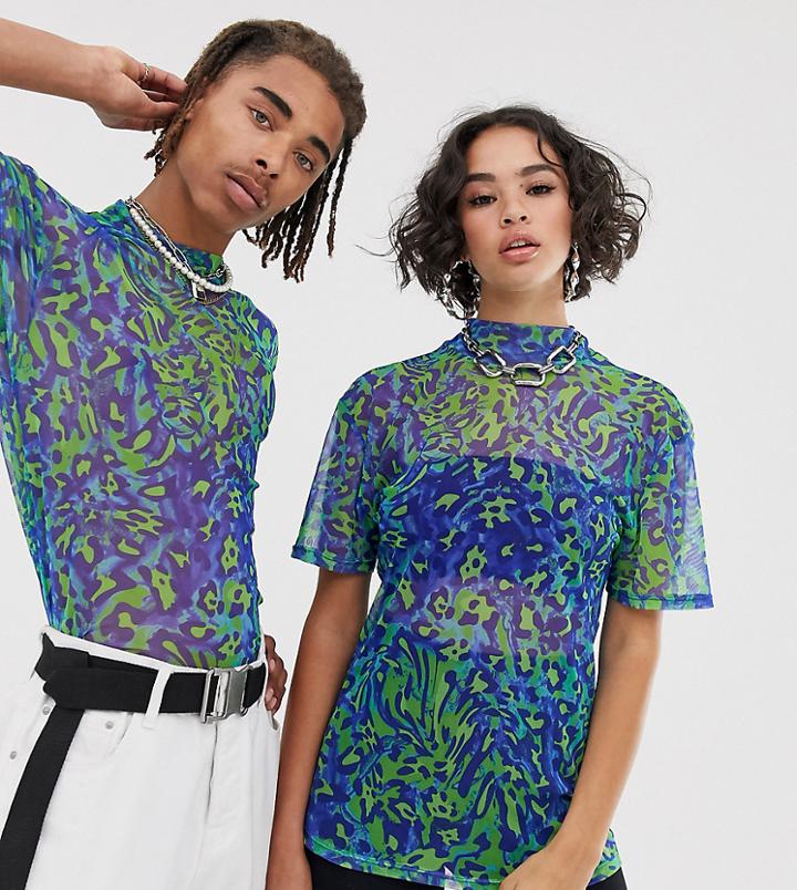 Reclaimed Vintage Unisex Mesh T-shirt With Fluorescent Animal Print-green