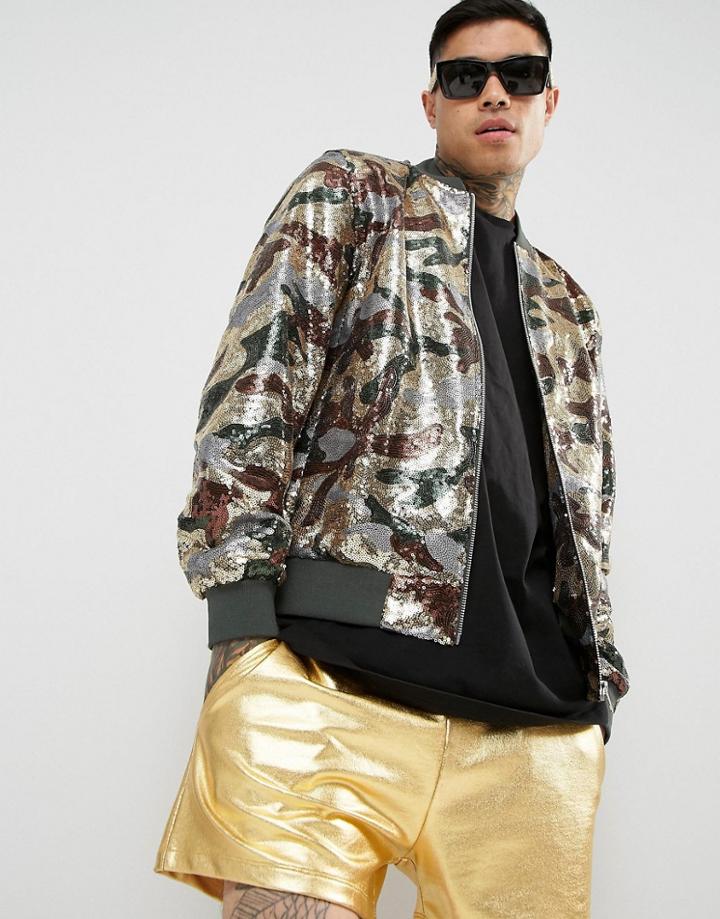 Asos Festival Bomber Jacket In Sequin Camo Print - Green