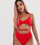 Asos Design Recycled Petite Underboob Cross Waist Swimsuit In Red - Red