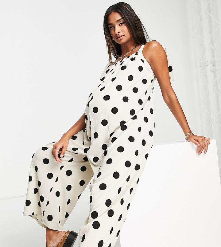 Asos Design Maternity Ruched Tie Shoulder Smock Jumpsuit In Mono Spot-multi
