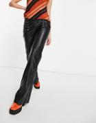 Bershka Lace Up Detail Faux Leather Flare Pant In Black