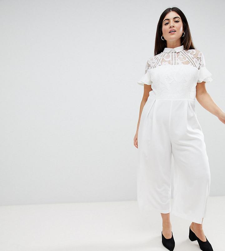 Asos Design Curve Lace Top Jumpsuit With Culotte Leg - White