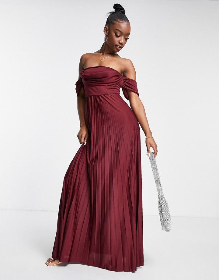 Asos Design Off Shoulder Drape Neck Pleated Maxi Dress In Dark Red