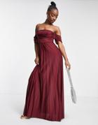 Asos Design Off Shoulder Drape Neck Pleated Maxi Dress In Dark Red