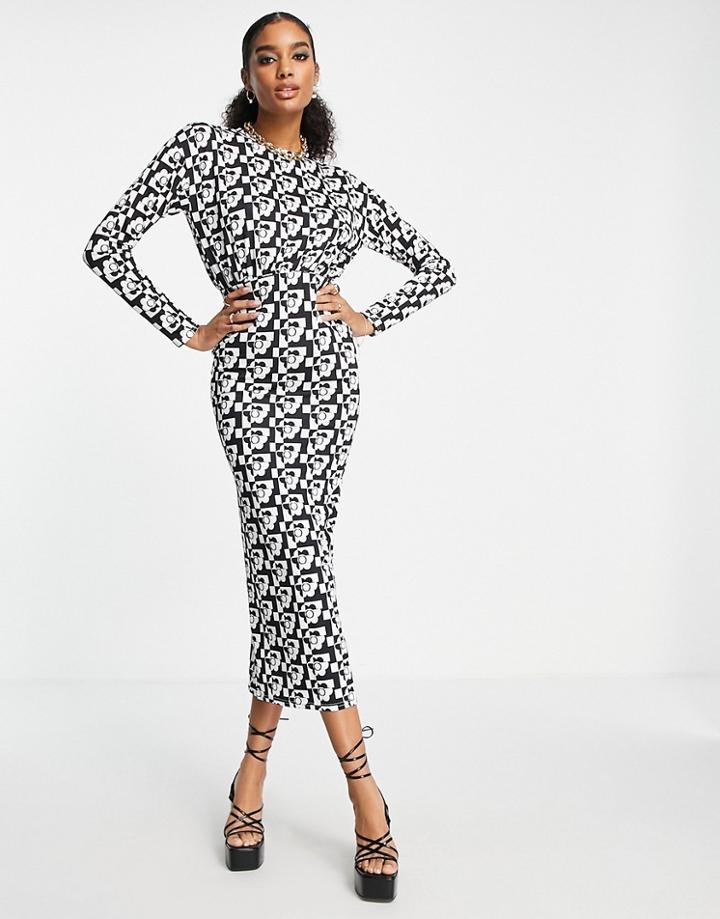 Asos Design Drape Neck Long Sleeve Maxi Dress In Monochrome Retro Print-multi