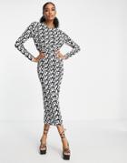 Asos Design Drape Neck Long Sleeve Maxi Dress In Monochrome Retro Print-multi
