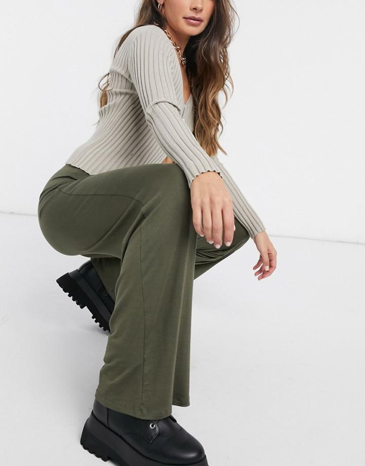 Flounce London Basic High Waisted Wide Leg Pants In Khaki-green