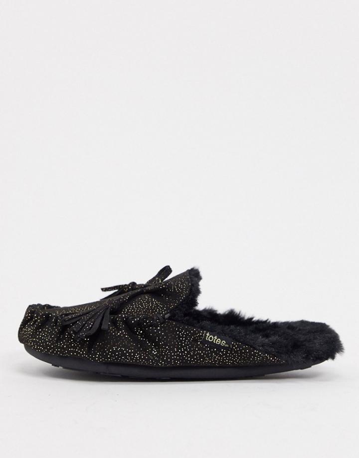 Totes Moccasin Mule Slippers In Black Sparkle