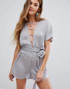 Young Bohemians Lattice Front Romper With Wrap Tie - Gray