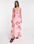 Asos Design Mesh Strappy Maxi Dress With Buttons In Blurred Floral In Pink And Red-multi