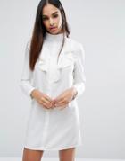 Missguided High Neck Ruffle Front Long Sleeve Shift Dress - Cream