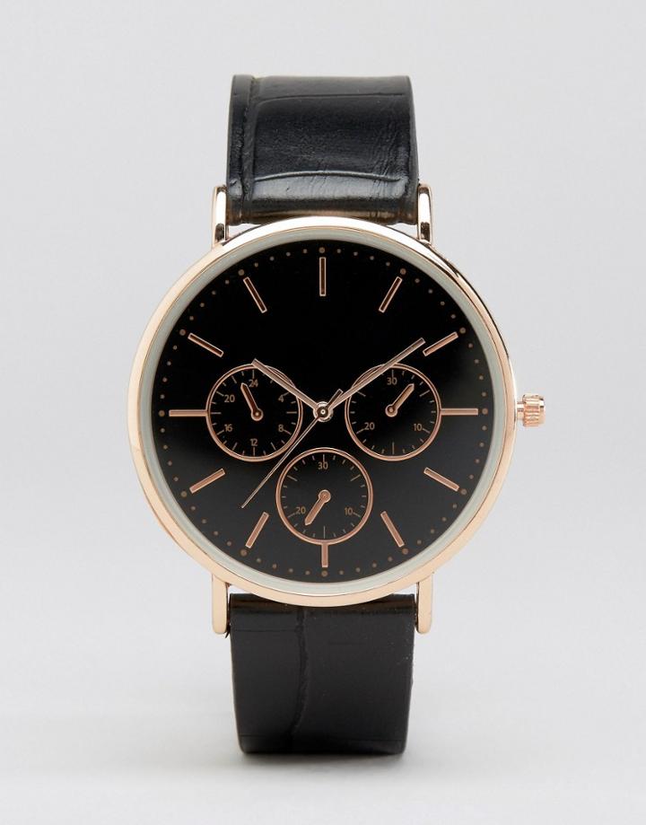 Asos Black & Rose Dial Watch With Faux Crocodile Strap - Black