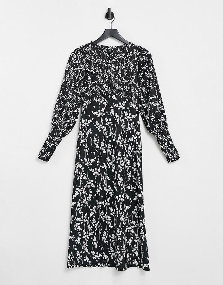 River Island Mixed Floral Frill Midi Dress In Black