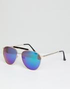 Asos Design Aviator Sunglasses In Gold With Purple Mirrored Lens & Brow Bar Detail - Gold