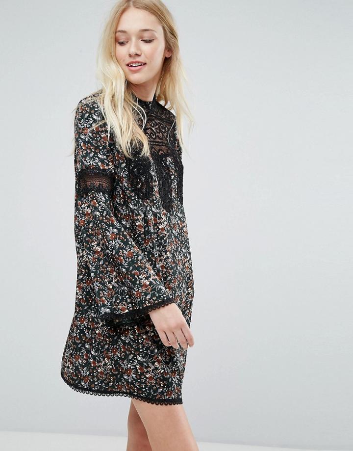 Liquorish Floral Smock Dress With Lace Inserts - Multi