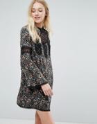 Liquorish Floral Smock Dress With Lace Inserts - Multi