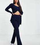 Asos Design Tall Knit Rib Flare Pants In Navy - Part Of A Set