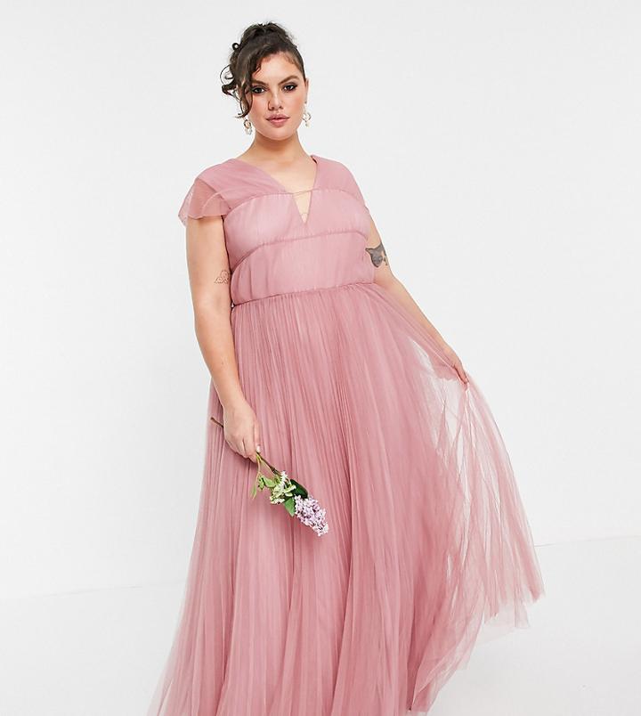 Asos Design Curve Tulle Plunge Maxi Dress With Shirred Sleeves In Rose-pink