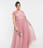Asos Design Curve Tulle Plunge Maxi Dress With Shirred Sleeves In Rose-pink