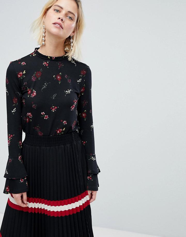Warehouse Ditsy Floral Print Tiered Cuff Top - Black