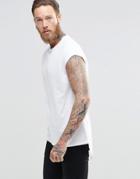 Asos Super Longline T-shirt With Cap Sleeve Amd Scoop Back Hem And Raw Edges - White