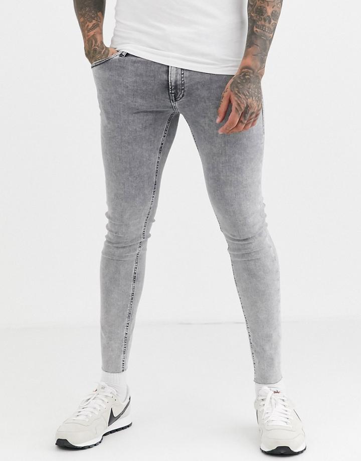 Jack & Jones Spray On Skinny Fit Raw Hem Acid Wash Jeans In Gray