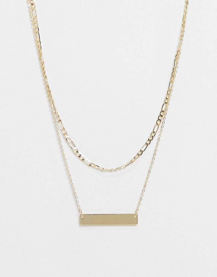 Designb London Exclusive 2 Pack Necklaces With Figaro Chain And Bar Pendant Necklace In Gold