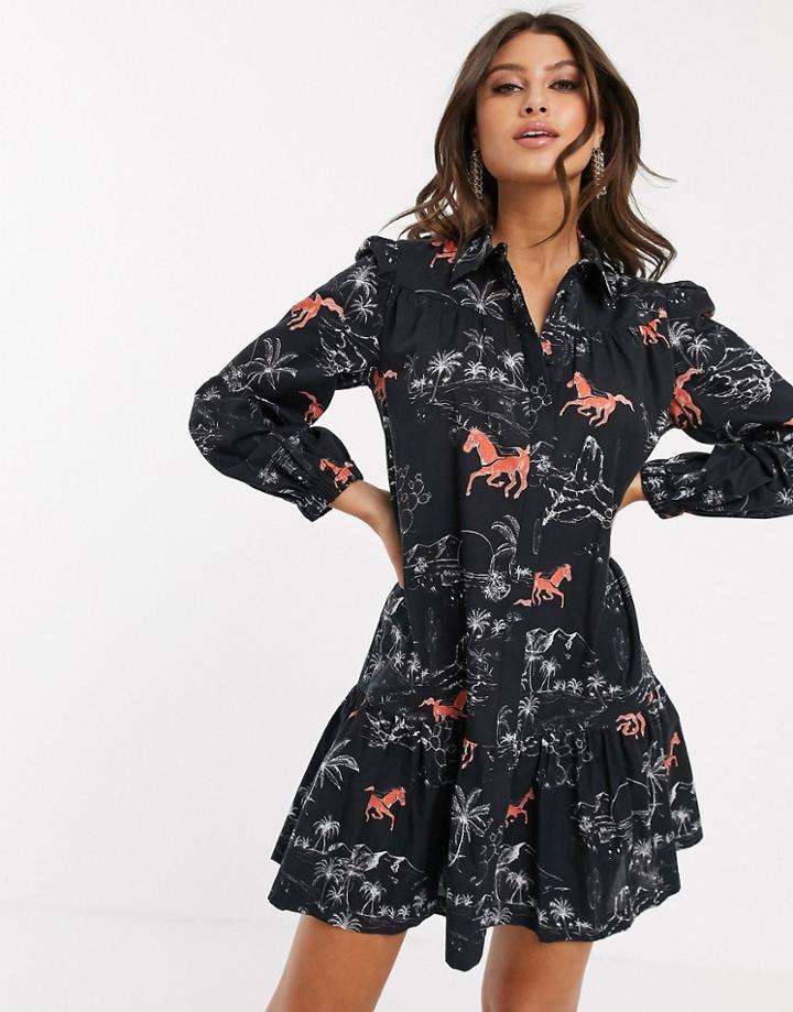 Asos Design Mini Shirt Dress With Contrast Stitching In Horse Print - Multi