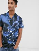 Criminal Damage Short Sleeve Shirt With Dragon Print In Blue