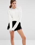 Fashion Union Cropped Knitted Jumper With Textured Sleeves - Cream